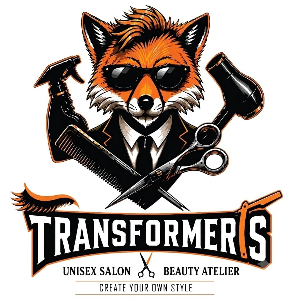 Transformers fox mascot wearing sunglasses with salon tools